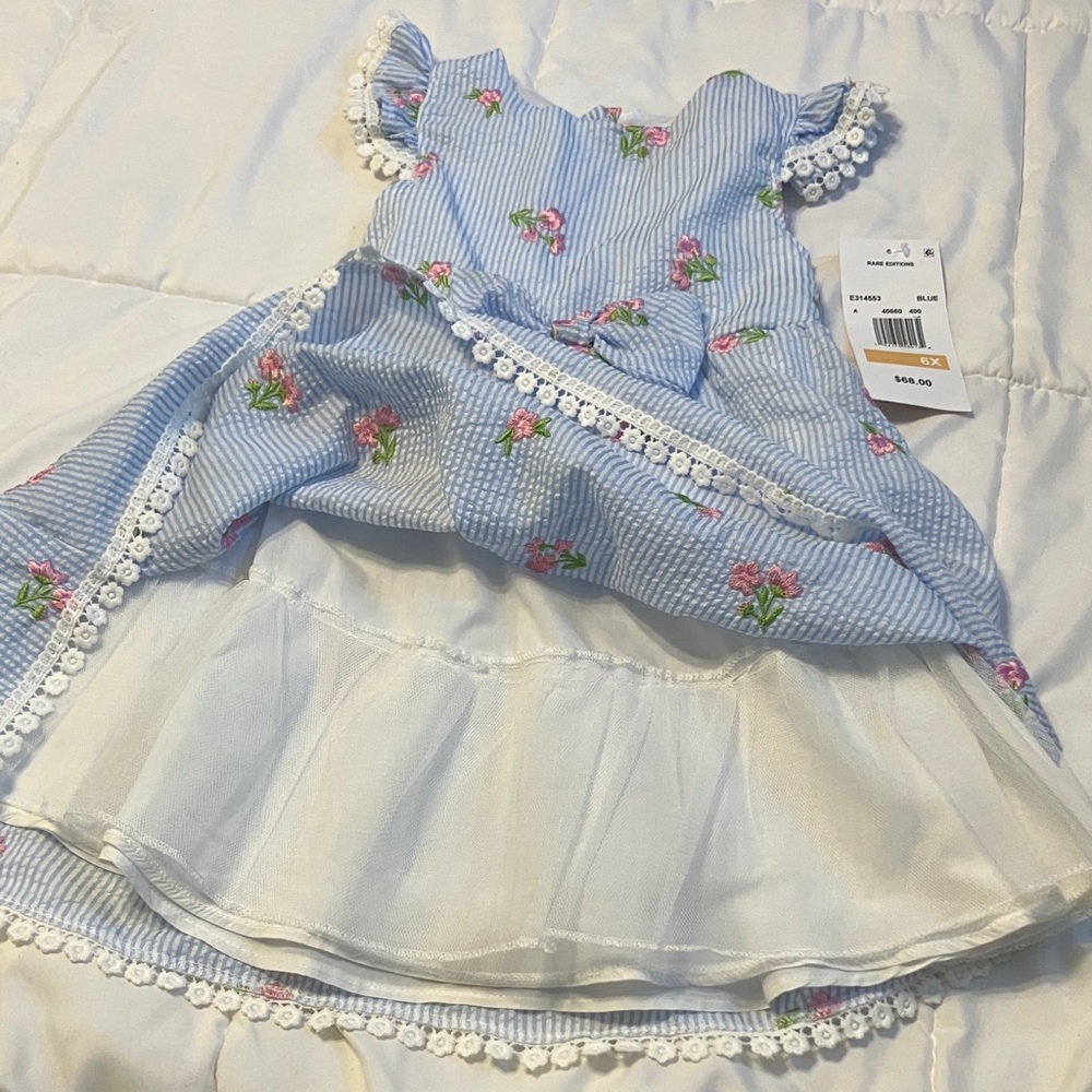 Rare Editions Striped Blue and Pink Floral Dress - Picture 6 of 7